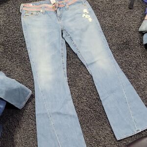 True Religion Light Blue Flare Jeans with Floral Detail